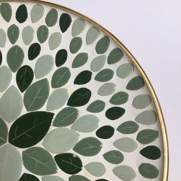Mid Century Modern Mosaic Tile Round Plate 12” Console Green Leaves Art Vintage - Picture 8 of 16